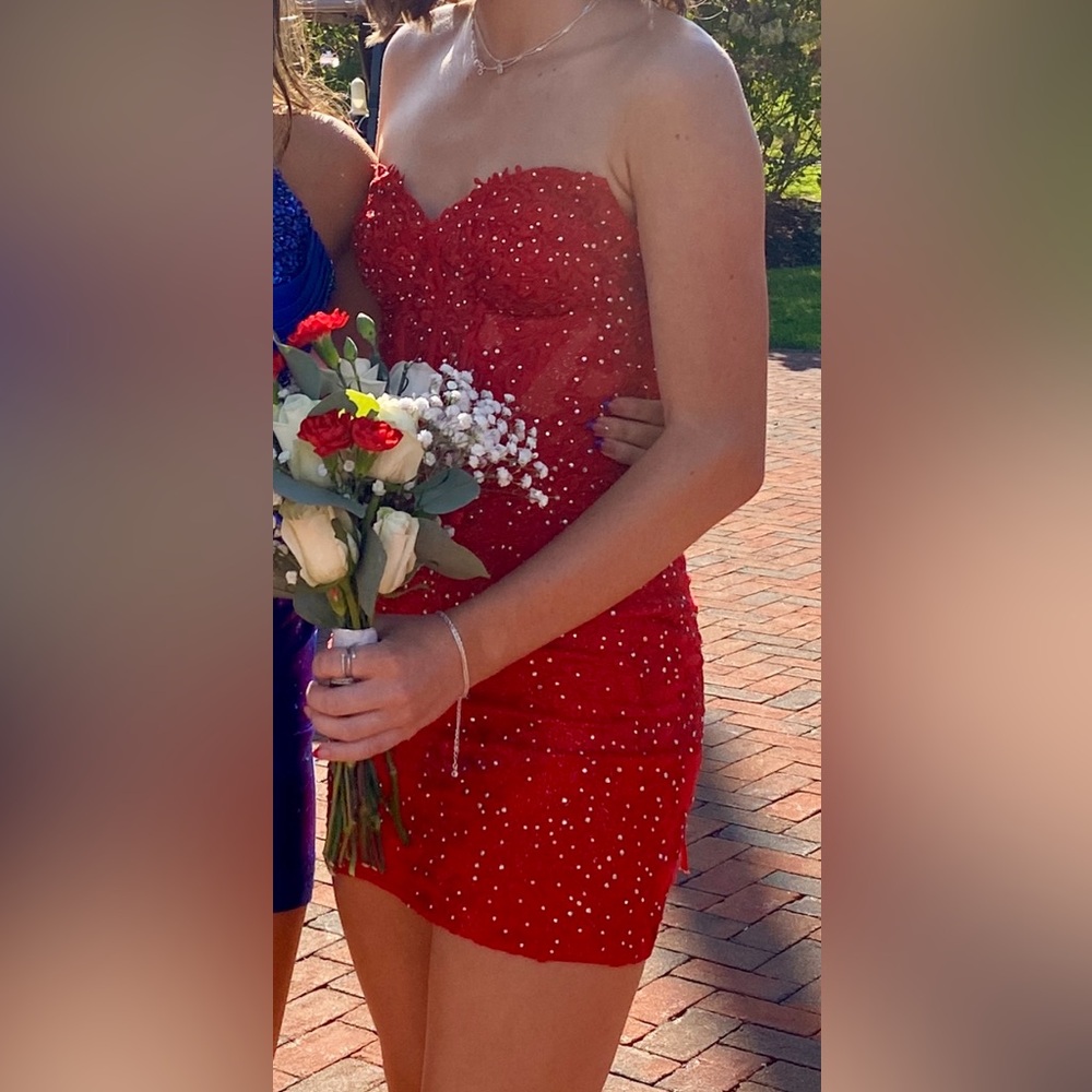 Homecoming dress - Red Strapless Mini Dress with lace and embellishment